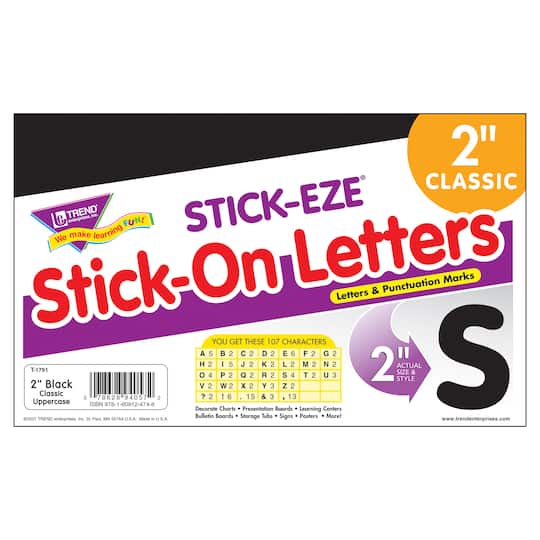 Trend Enterprises Black 2&#x22; STICK-EZE&#xAE; Stick-On Letters, 6 Packs